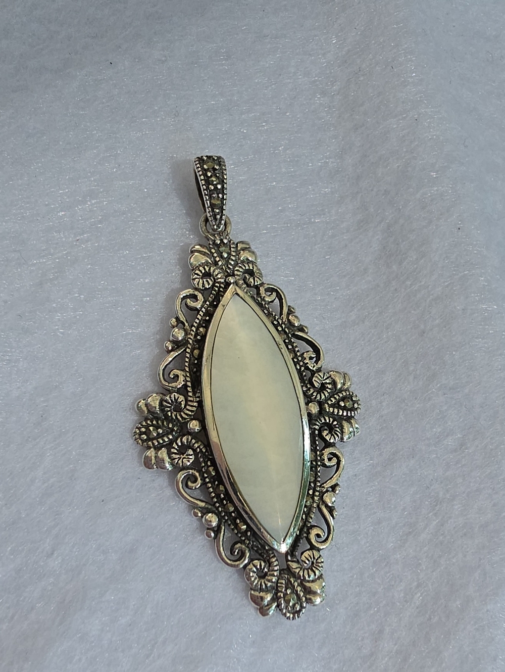 Vintage GFJ 925 Sterling Silver Marcasite Mother of Pearl Marquise Pendant• 7.4g